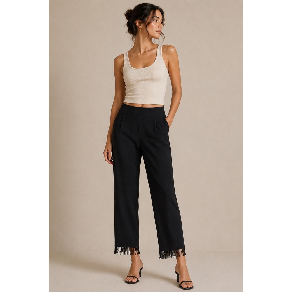 Vintage Cactus Flower Black Beaded Fringe Hem Straight Leg Pants Size 10